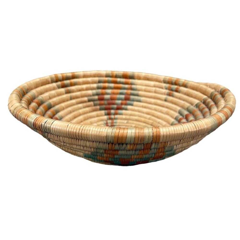 Vintage Primitive Tribal Natural Coiled Basket 8" x 2.5" Handcrafted Boho Decor